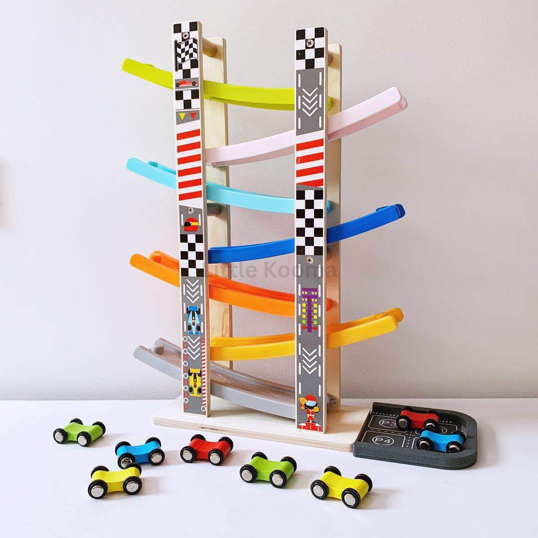 Wooden Gliding Car Ramp Toy – Zig Zag Race Track with Mini Cars, Toddler Racing Toy for Kids Boys & Girls Ages 3-6