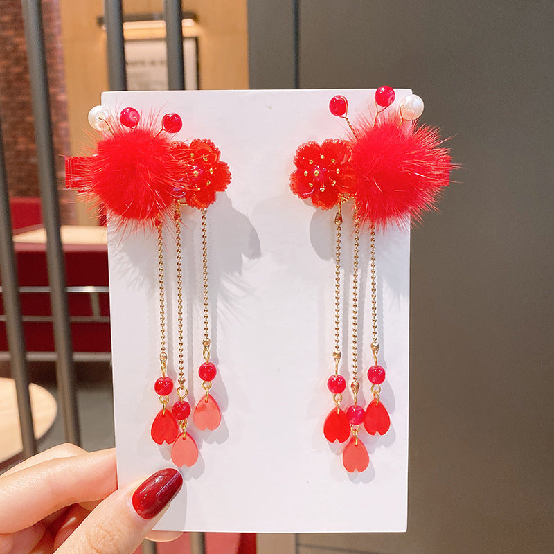 Chinese New Year CNY Red Kids Girl's Crystal Beads Head Clips Hair Accessories