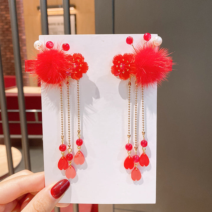 Singapore Souvenir Gift Chinese New Year CNY Red Kids Girl's Crystal Beads Head Clips Hair Accessories