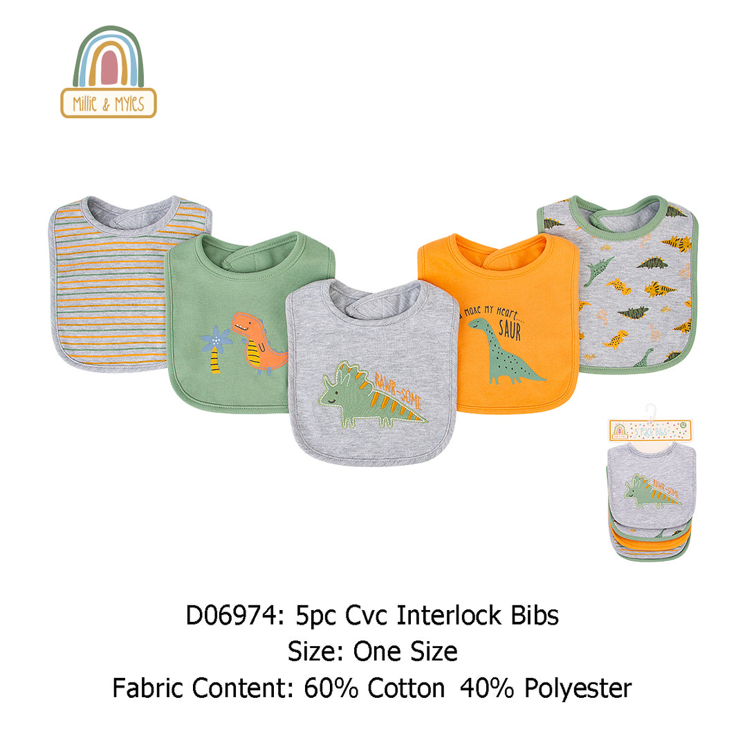 Baby 5pc Interlock Bibs Green Dinosaur D06974 - Little Kooma