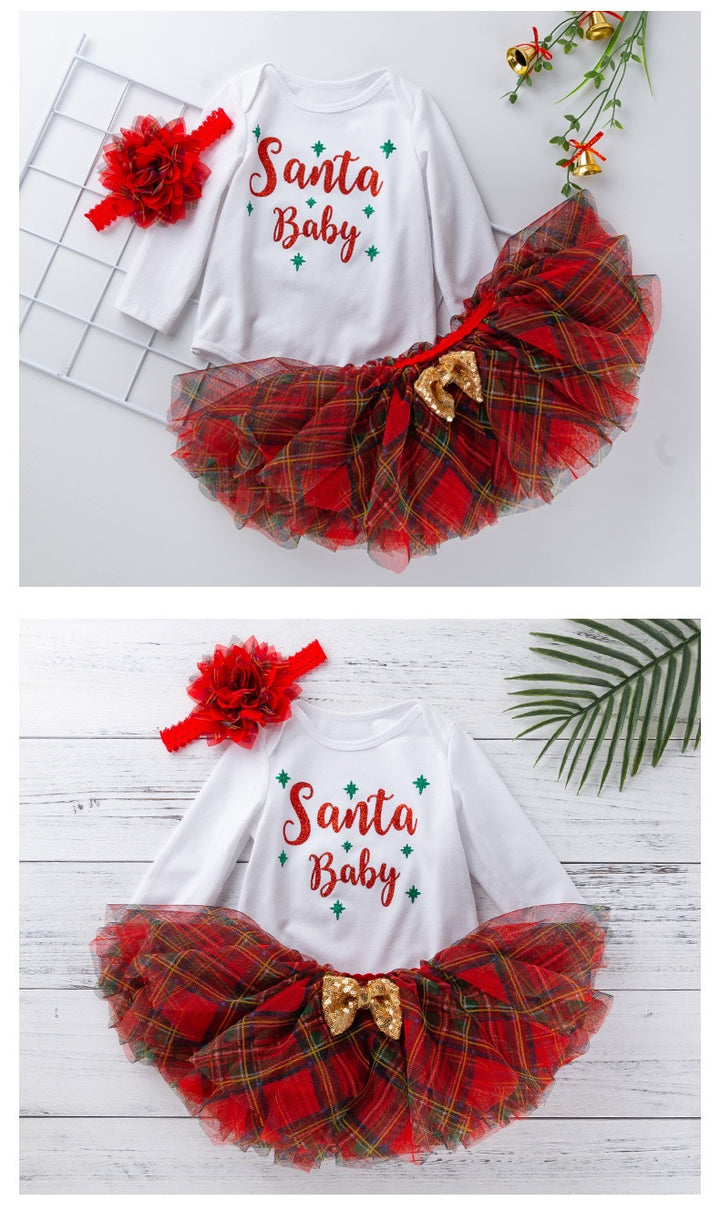 Baby Girl Christmas Outfit White Long Sleeve Bodysuit n Voile Plaid Skirt n Socks n Headwrap 4 Piece Set - 1124