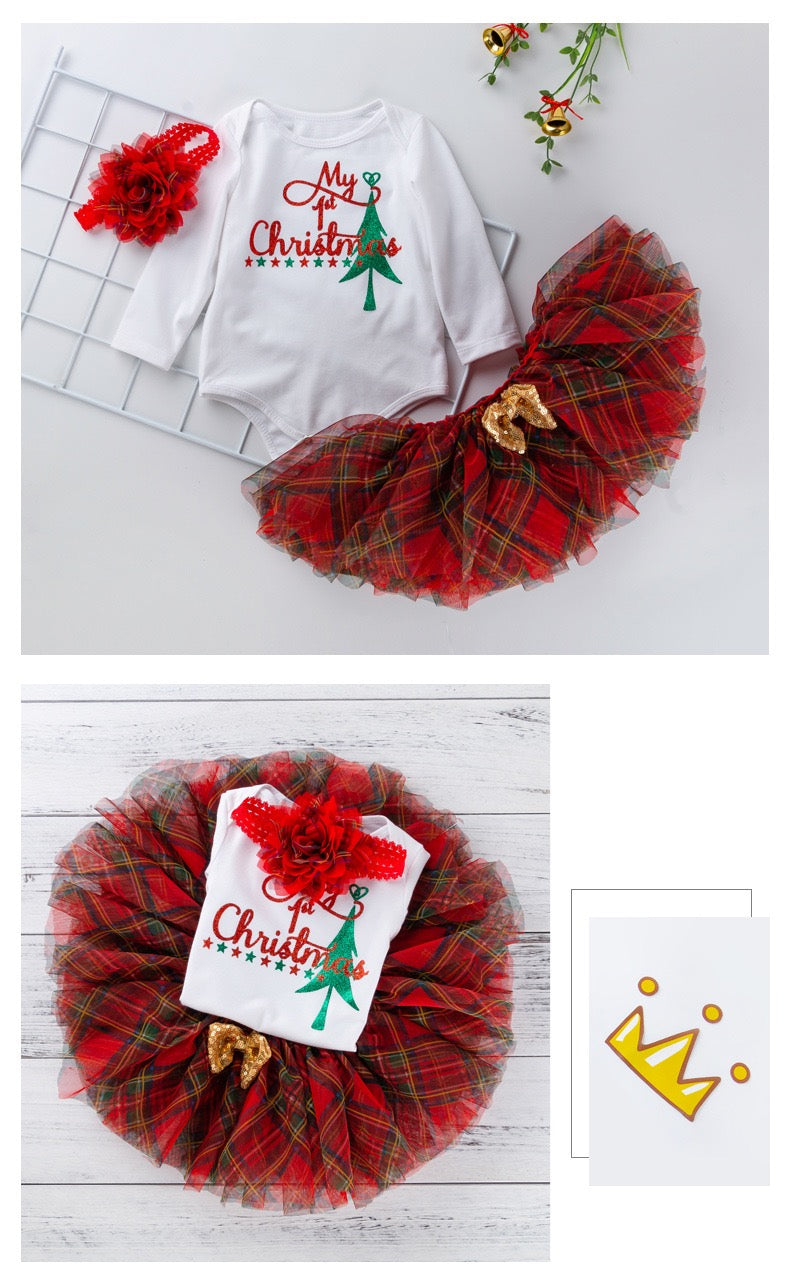 Baby Girl Christmas Outfit White Long Sleeve Bodysuit n Voile Plaid Skirt n Socks n Headwrap 4 Piece Set - 1124