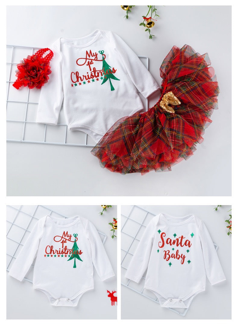 Baby Girl Christmas Outfit White Long Sleeve Bodysuit n Voile Plaid Skirt n Socks n Headwrap 4 Piece Set - 1124