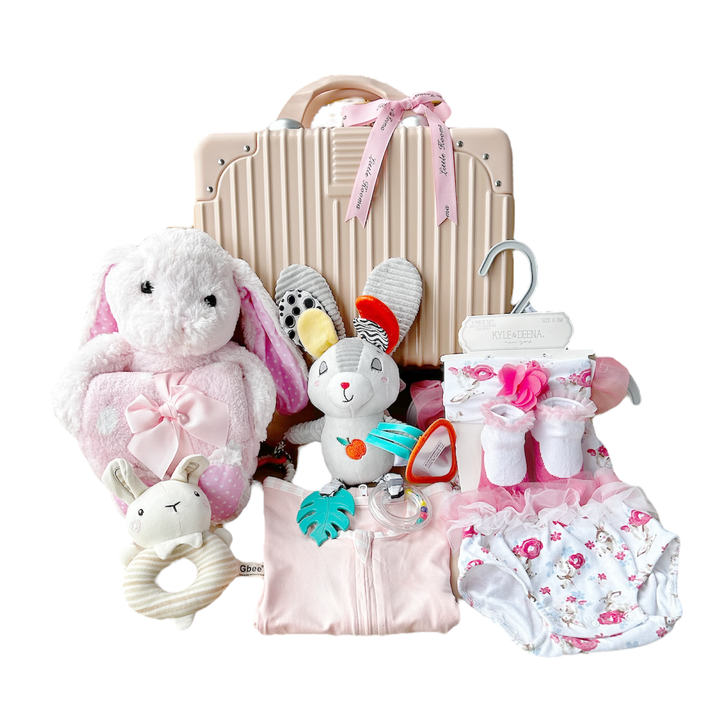 New Born Baby Girl LED Light Layette Hand Rattle Swaddle Pink Bunny Plushie Blanket Hanging Chime Stroller Toy Suitcase Mummy Makeup Gift Hamper