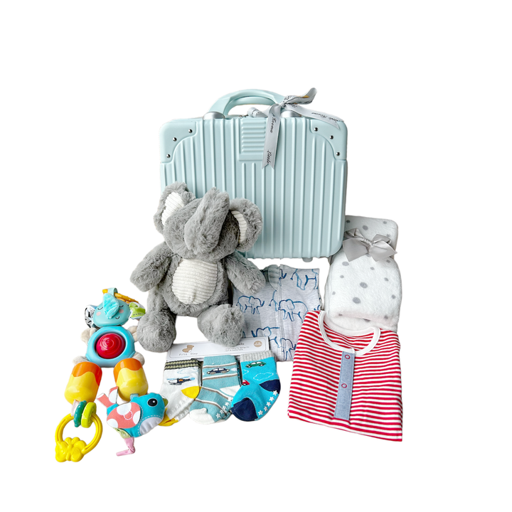 New Born Baby Boy LED Light Swaddle Socks Plush Blanket Romper Hanging Chime Toy Grey Elephant Suitcase Mummy Makeup Box Gift Hamper Gift Box Set