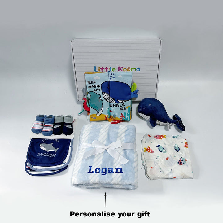 Personalised New Born Baby Boy Little Kooma Brand Gift Box 9 Pcs Whale Shark Ocean Set