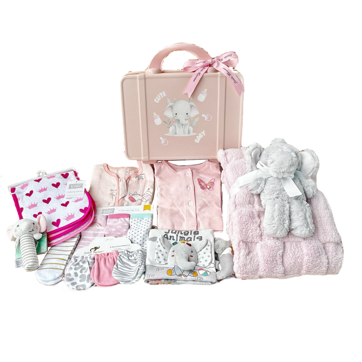 New Born Baby Girl LED Light Layette Plush Blanket Romper Grey Elephant Suitcase Mummy Makeup Box Gift Hamper