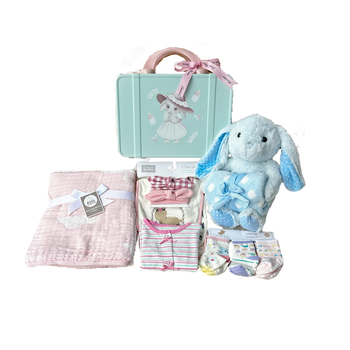 New Born Baby Girl LED Light Layette Plush Blanket Romper Muslin Blanket Blue Bunny Suitcase Mummy Makeup Box Gift Hamper