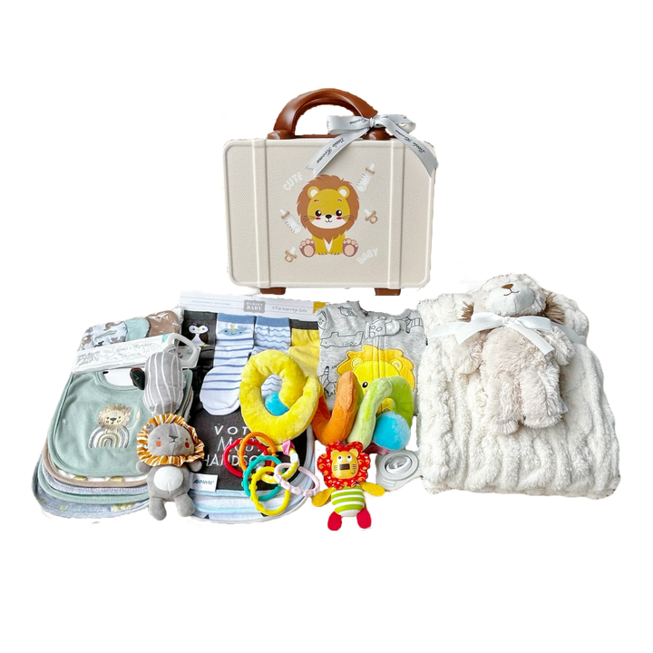 New Born Baby Boy LED Light Layette Plush Blanket Lion Suitcase Mummy Makeup Box Gift Hamper Gift Box Set