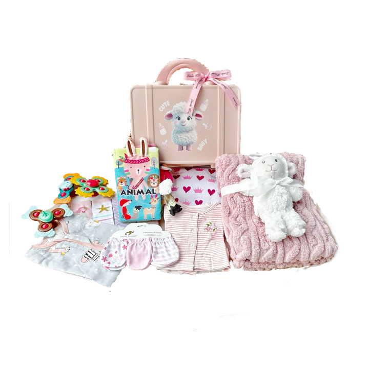 New Born Baby Girl LED Light Layette Plush Blanket Romper White Sheep Suitcase Mummy Makeup Box Gift Hamper