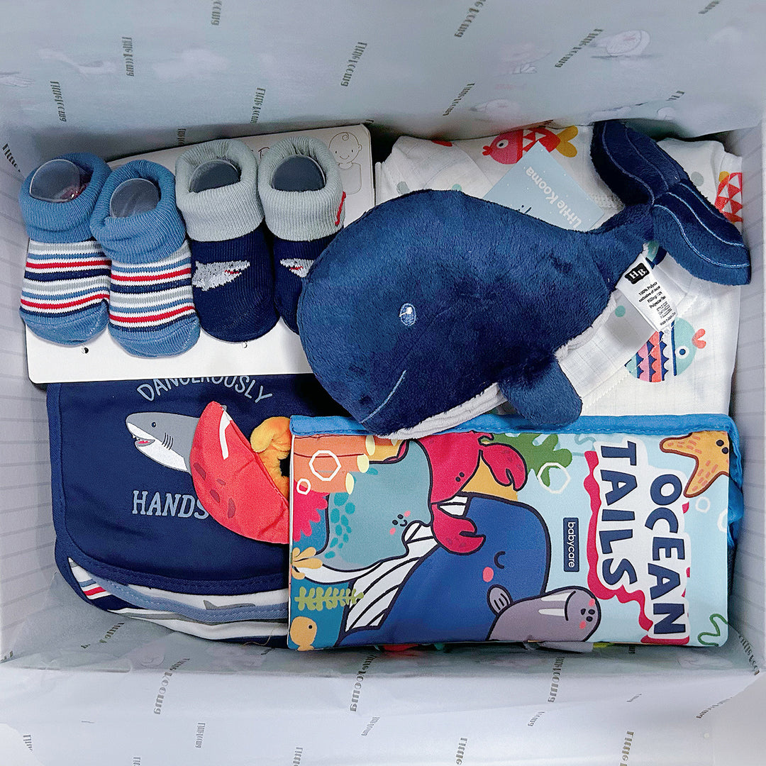 Personalised New Born Baby Boy Little Kooma Brand Gift Box 9 Pcs Whale Shark Ocean Set