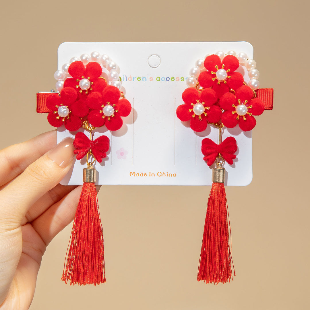 Chinese New Year CNY Red Kids Girl's Crystal Beads Head Clips Hair Accessories