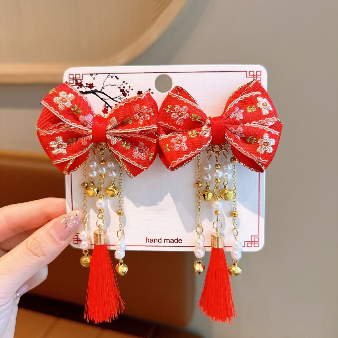 Chinese New Year CNY Red Kids Girl's Crystal Beads Head Clips Hair Accessories