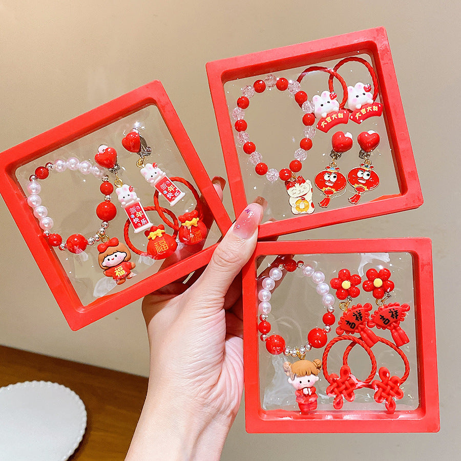 Chinese New Year CNY Red Kids Girl's Hair Accessories Bracelets Ear Clips Set