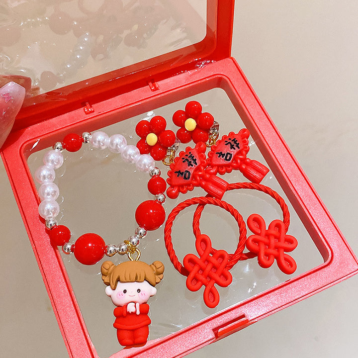 Chinese New Year CNY Red Kids Girl's Hair Accessories Bracelets Ear Clips Set