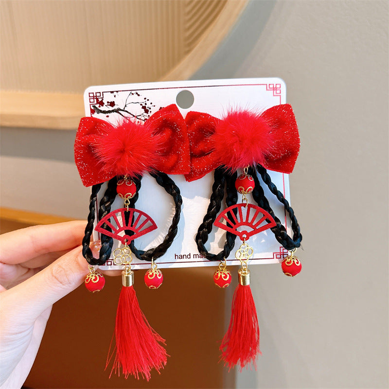 Chinese New Year CNY Red Kids Girl's Crystal Beads Head Clips Hair Accessories