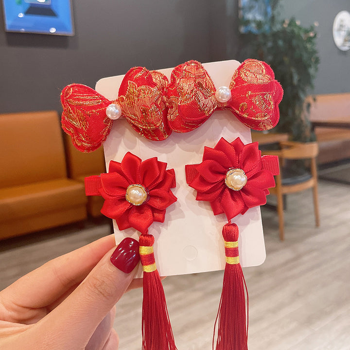 Chinese New Year CNY Red Kids Girl's Hair Accessories Bracelets Ear Clips Set