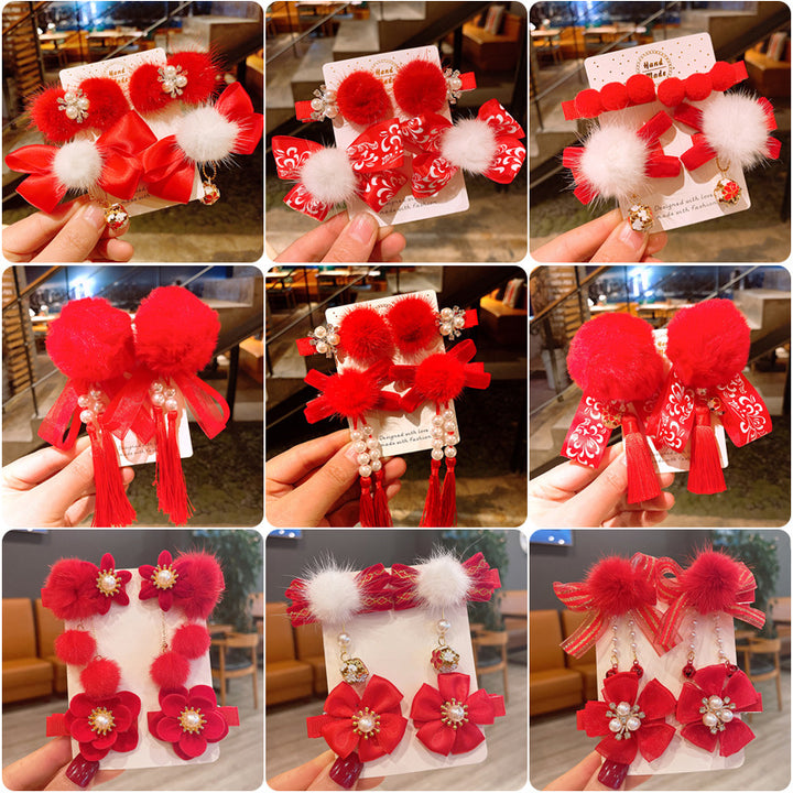 Chinese New Year CNY Red Kids Girl's Hair Accessories Bracelets Ear Clips Set