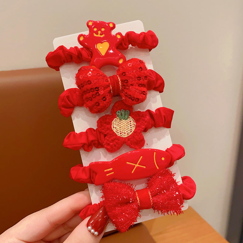 Chinese New Year CNY Red Kids Girl's Hair Accessories Bracelets Ear Clips Set