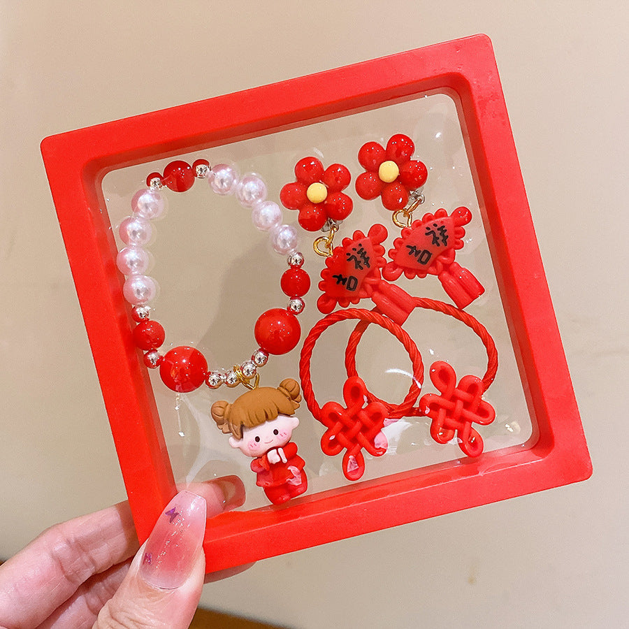 Chinese New Year CNY Red Kids Girl's Hair Accessories Bracelets Ear Clips Set