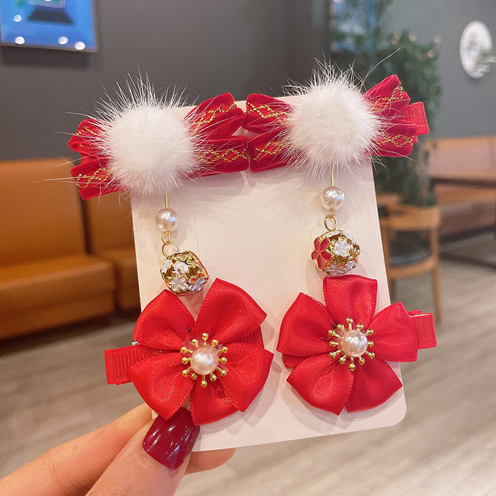 Chinese New Year CNY Red Kids Girl's Hair Accessories Bracelets Ear Clips Set