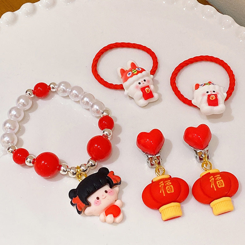 Chinese New Year CNY Red Kids Girl's Hair Accessories Bracelets Ear Clips Set