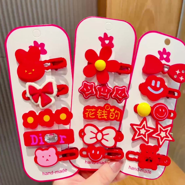 Chinese New Year CNY Red Kids Girl's Hair Accessories Bracelets Ear Clips Set