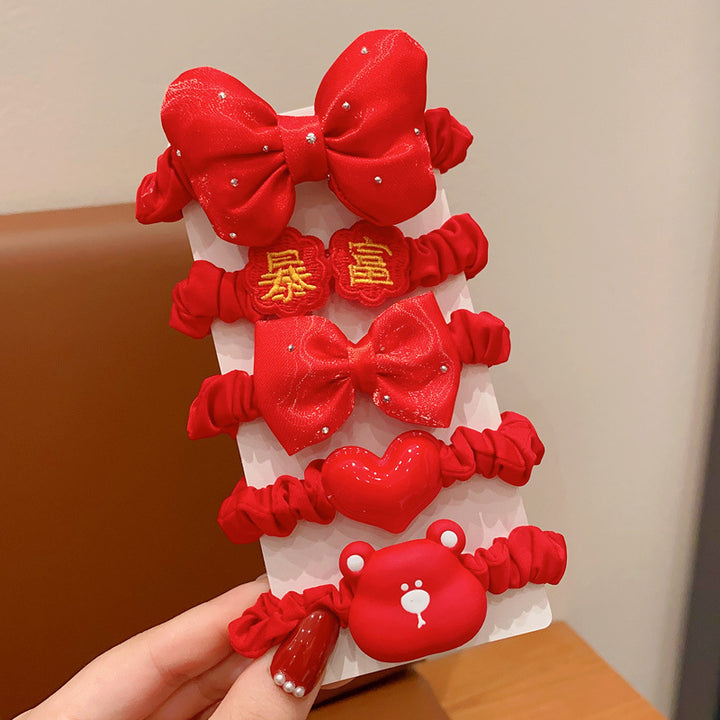 Chinese New Year CNY Red Kids Girl's Hair Accessories Bracelets Ear Clips Set