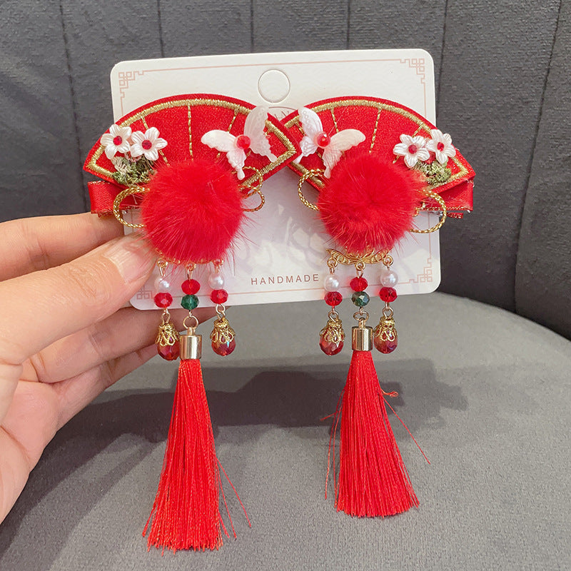 Chinese New Year CNY Red Kids Girl's Crystal Beads Head Clips Hair Accessories