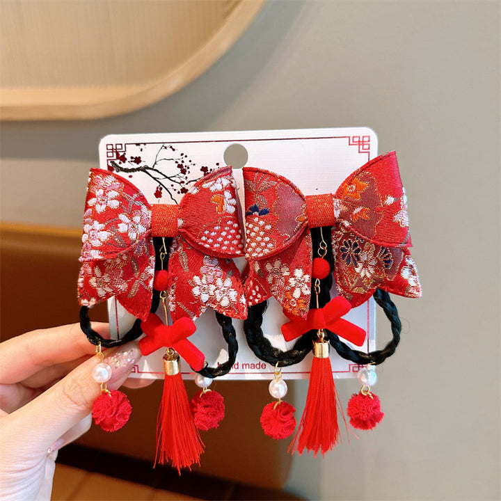 Chinese New Year CNY Red Kids Girl's Crystal Beads Head Clips Hair Accessories