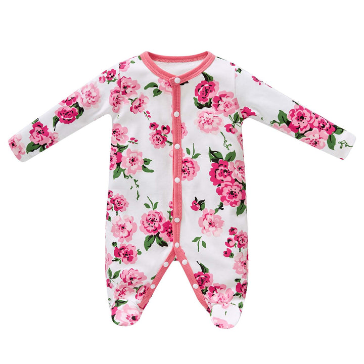 Baby Cotton Sleepsuit Pink Flowers All In One Jumpsuit Feet Cover