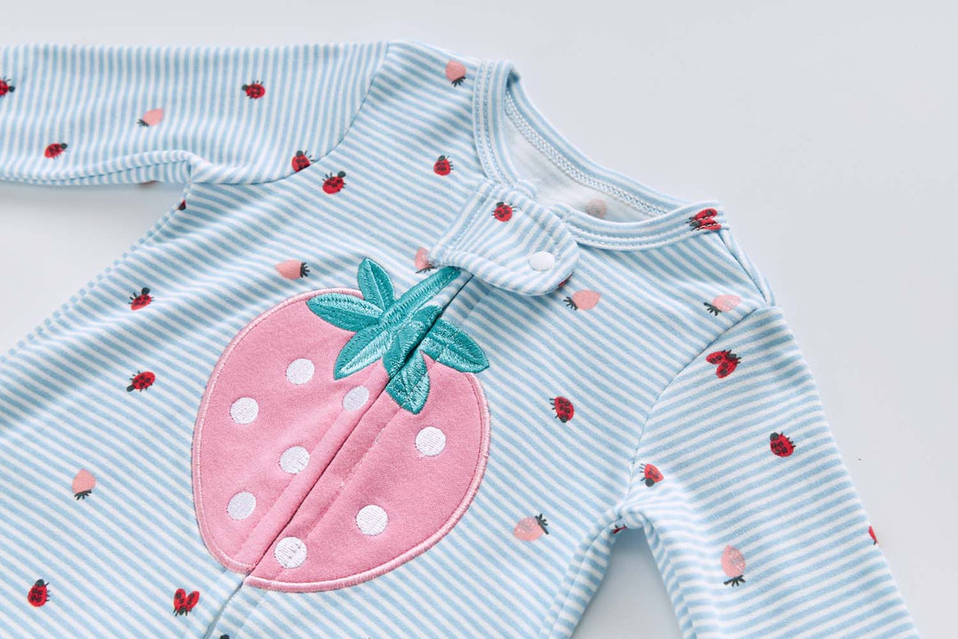 Baby Cotton Sleepsuit Blue Stripes Strawberry Two Way Zipper All In One Jumpsuit Feet Cover