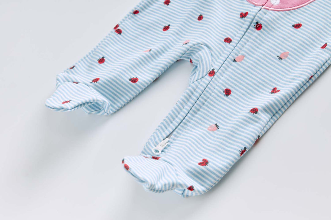 Baby Cotton Sleepsuit Blue Stripes Strawberry Two Way Zipper All In One Jumpsuit Feet Cover