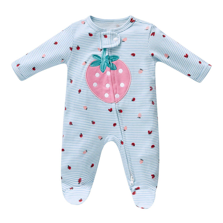 Baby Cotton Sleepsuit Blue Stripes Strawberry Two Way Zipper All In One Jumpsuit Feet Cover