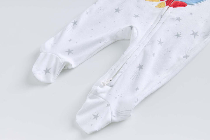 Baby Boy Cotton Sleepsuit White Star Excavator Two Way Zipper All In One Jumpsuit