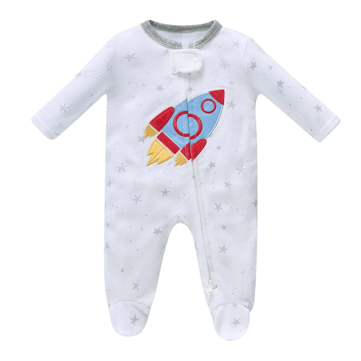 Baby Boy Cotton Sleepsuit White Star Excavator Two Way Zipper All In One Jumpsuit