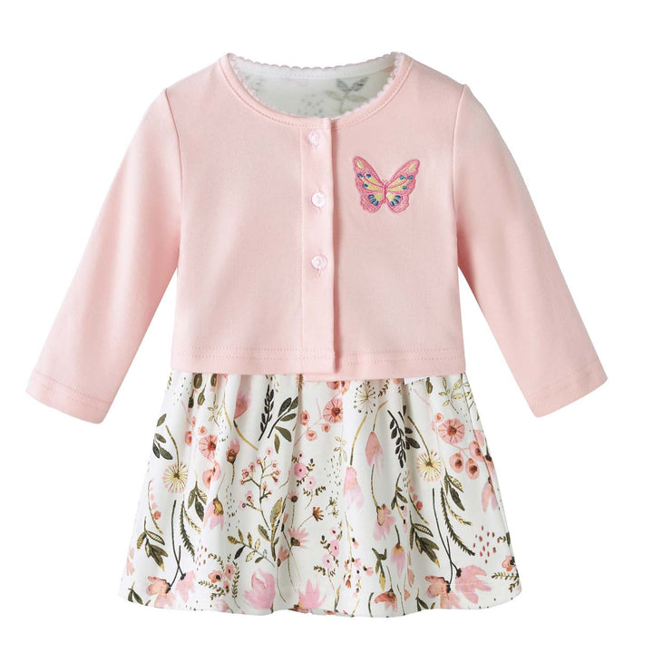 Baby Girl Pink Floral Bodysuit Dress n Pink Cardigan 2 Pc Set