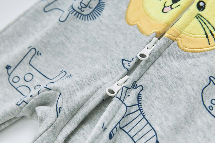 Baby Boy Cotton Sleepsuit Grey Animal Lion Two Way Zipper All In One Jumpsuit