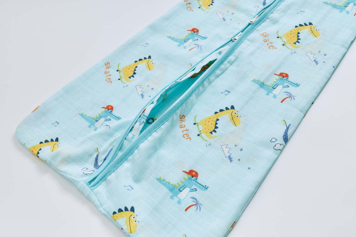 Baby Wearable Muslin Blanket Sleeveless Sleeping Bag 3-Way Zipper Blue Dinosaur 0.2 TOG