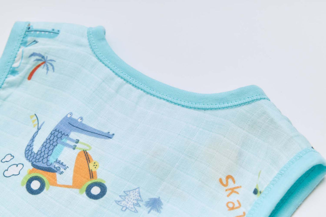 Baby Wearable Muslin Blanket Sleeveless Sleeping Bag 3-Way Zipper Blue Dinosaur 0.2 TOG