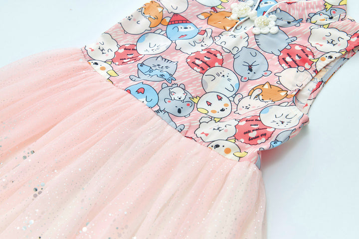 Purrfect Family Paws Baby Kids Girl Sleeveless Pink Cats Voile Cheongsam Dress Family Wear 0814 - Little Kooma