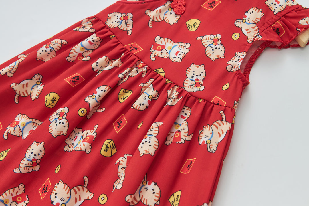 Baby Girl Red Lucky Cat Cheongsam Dress 0817X - Little Kooma