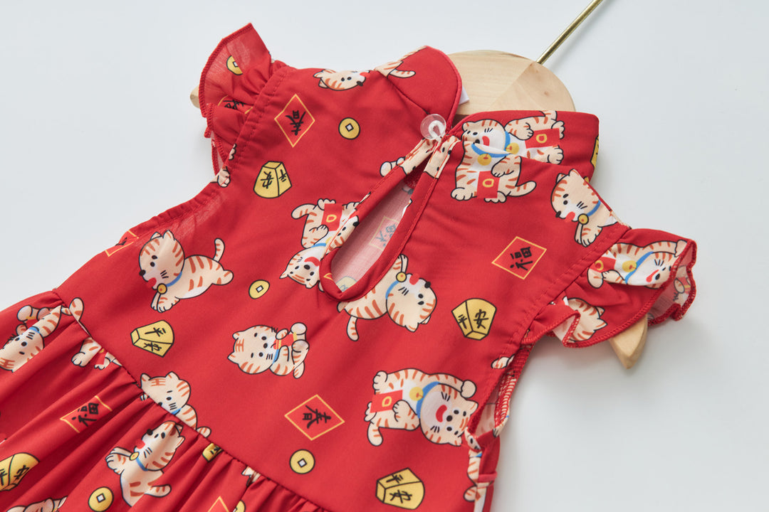 Baby Girl Red Lucky Cat Cheongsam Dress 0817X - Little Kooma