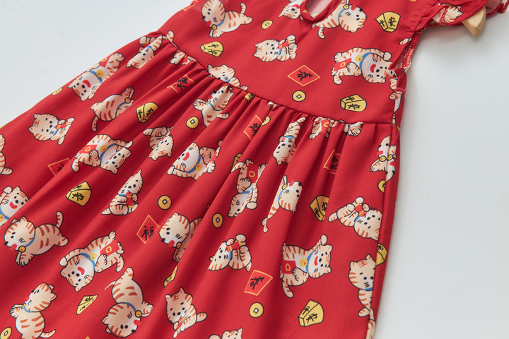 Baby Girl Red Lucky Cat Cheongsam Dress 0817X - Little Kooma