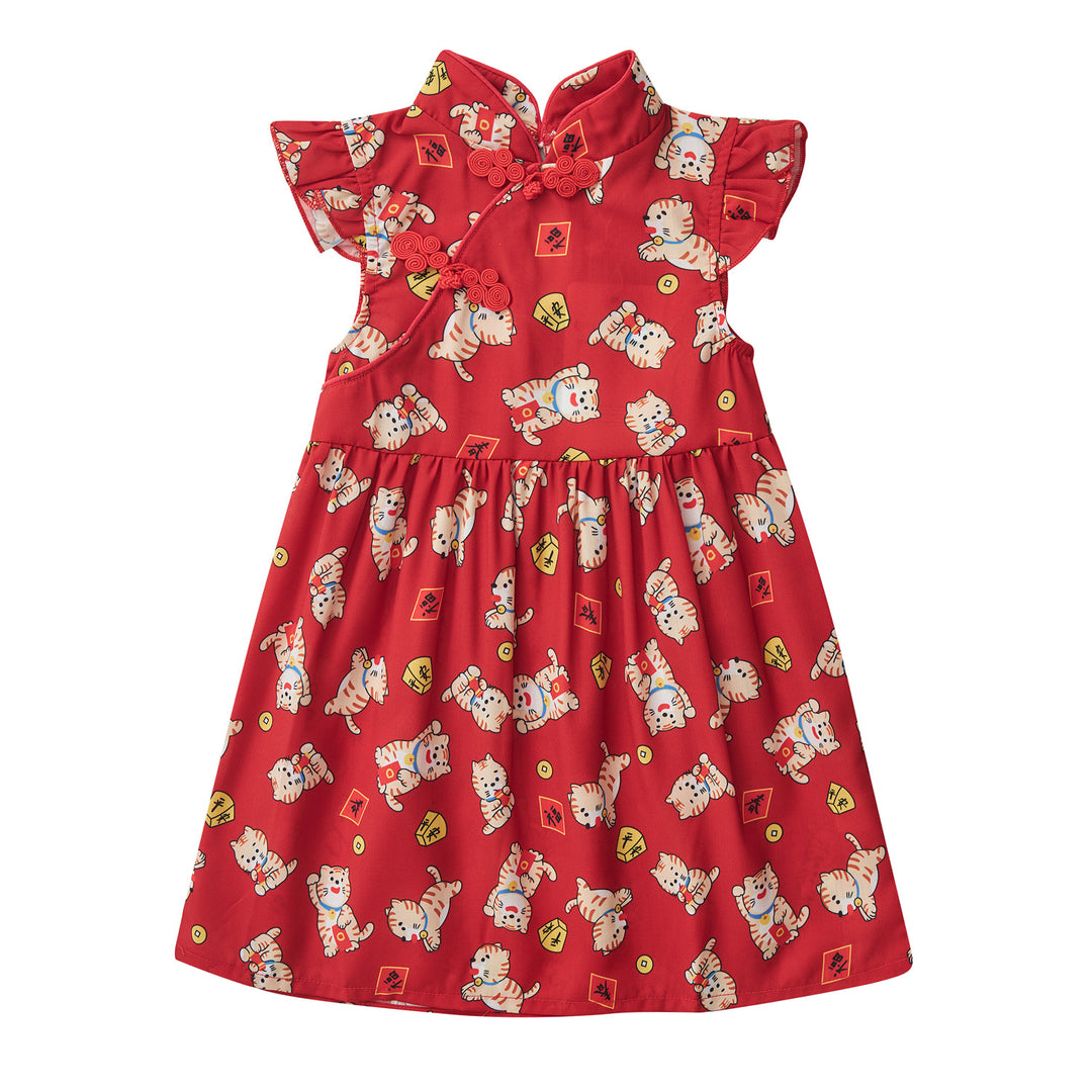 Baby Girl Red Lucky Cat Cheongsam Dress 0817X - Little Kooma