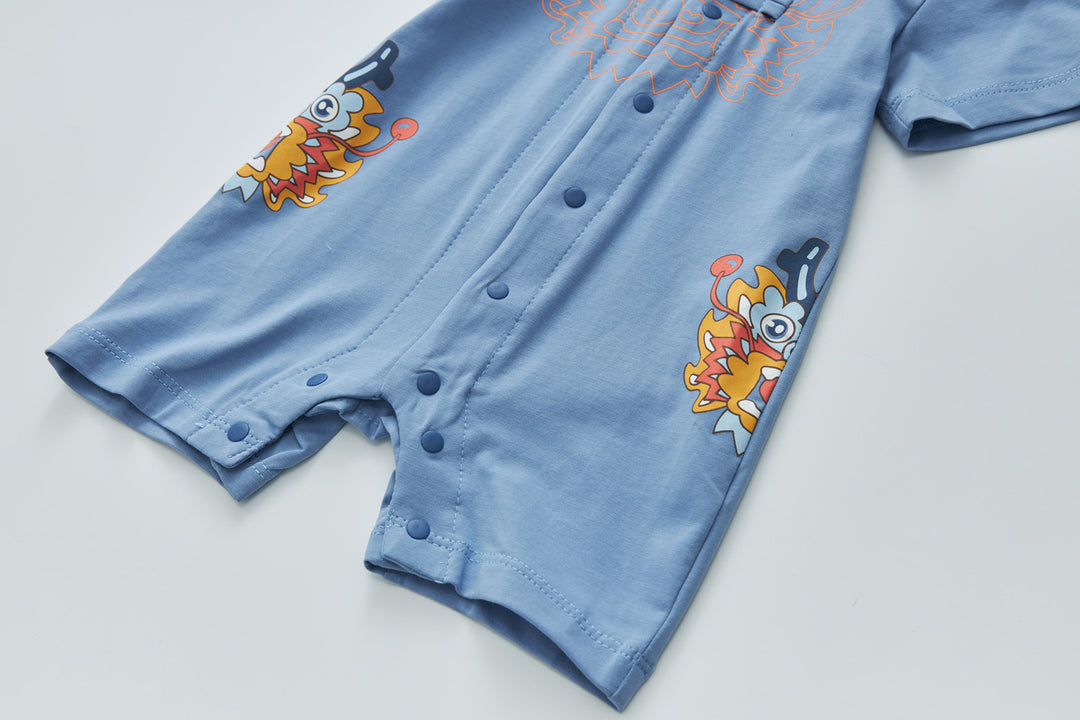 Baby Boy Blue Cheongsam Romper w Dragon Print H0801B - Little Kooma