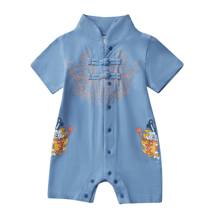 Baby Boy Blue Cheongsam Romper w Dragon Print H0801B - Little Kooma