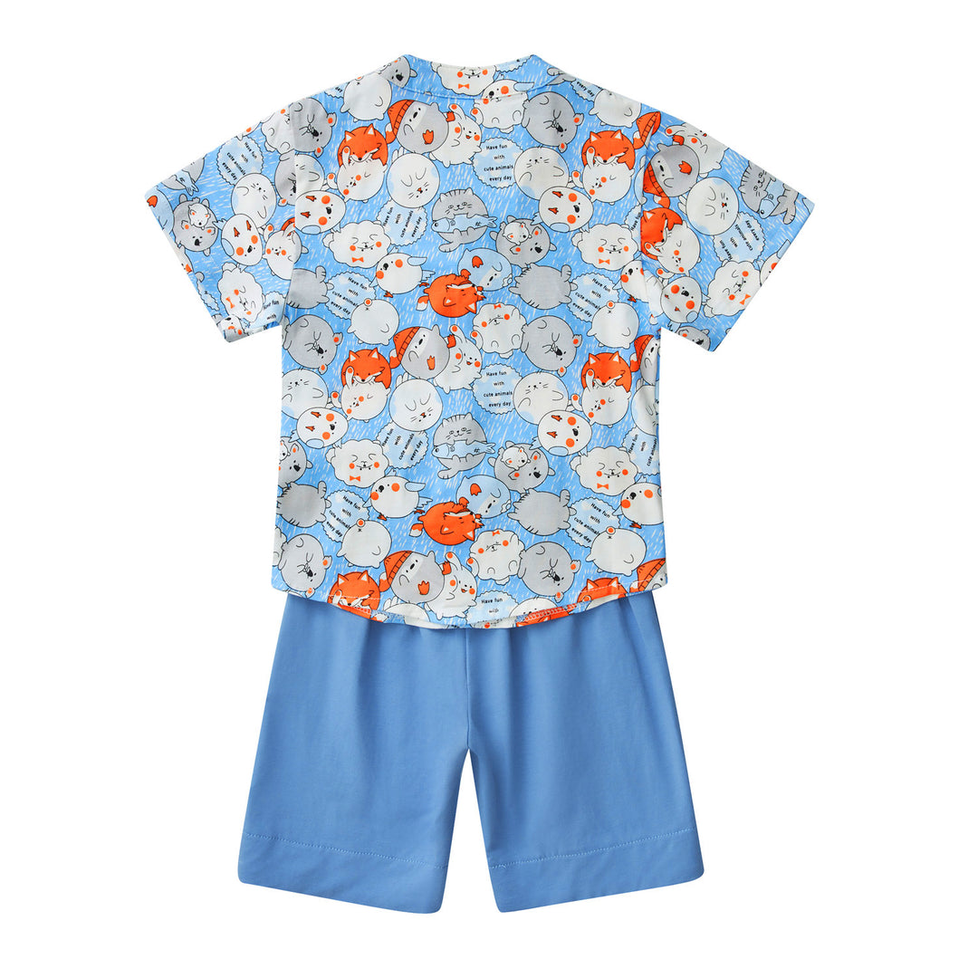 Purrfect Family Paws Baby Kids Boys Blue Cats Cheongsam Set Top n Shorts CNY Chinese New Year Outfit Family Wear 0818 - Little Kooma