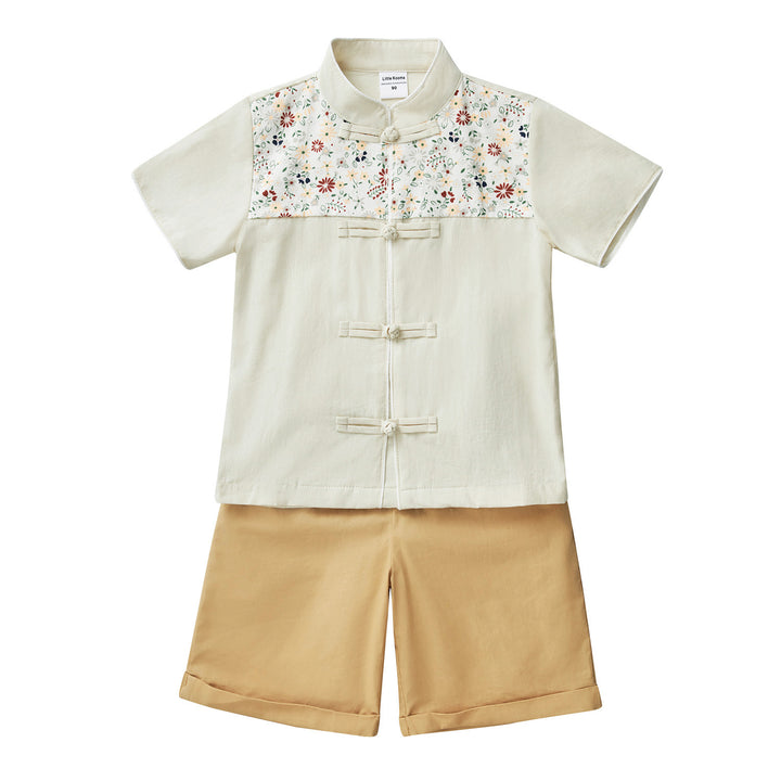 Blossom Harmony Collection Baby Kids Boys Beige Cheongsam Set Little Flower Prints Top n Shorts CNY Chinese New Year Outfit 0819 - Little Kooma