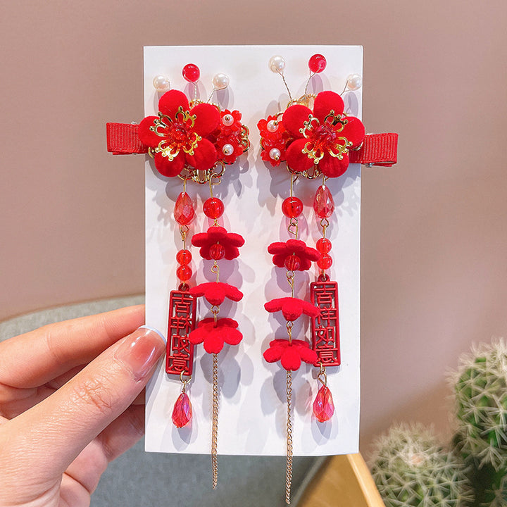 Chinese New Year CNY Red Baby kids Girl's Crystal Beads Head Clips Hair Accessories - Little Kooma